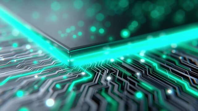 Neon teal light sweeps across a futuristic microchip on a circuit board. Camera glides forward while glowing traces pulse, bokeh particles float, and highlights shift in focus.