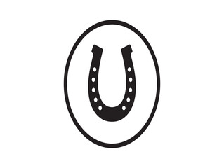 A black horseshoe icon within a circle on a white background