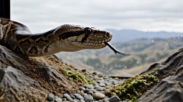 A captivating close-up of a snake perched on a rocky surface with a scenic background.