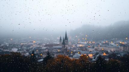 Cityscape with church spires and lights, viewed from a high vantage point.