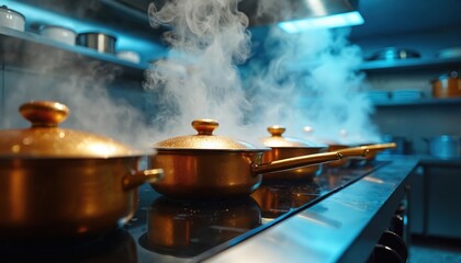 Several golden pots steam on a modern induction stove top in a professional kitchen. Culinary preparation is underway with warm ambient light illuminating the scene.