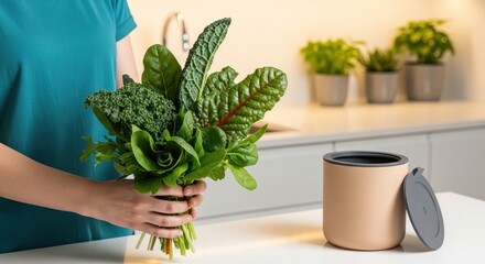 Woman holding a fresh bunch of leafy green vegetables in a bright modern kitchen, showcasing healthy ingredients for cooking.