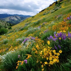 Obraz premium Colorful alpine wildflowers on a serene mountain meadow under cloudy sky