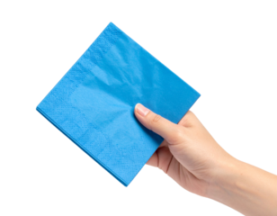 Female hand with blue paper napkins isolated on transparent or white background