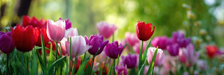 Vibrant spring tulip garden in full bloom with diverse colors