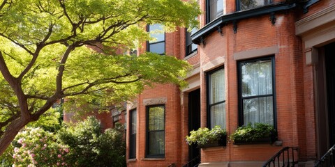 Charming urban neighborhood with historic brick buildings and lush greenery