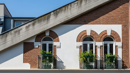 Modern urban architecture with arched windows and greenery