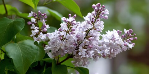 Fototapeta premium Blooming lilac flowers in lush green garden setting