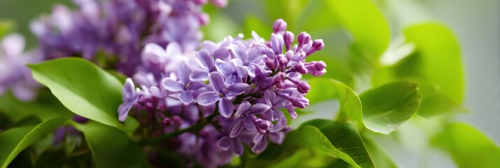 Obraz premium Vibrant lilac blooms with fresh green leaves in sunlight