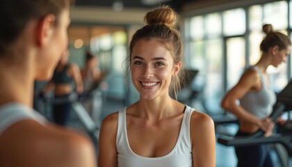 Fototapeta premium Young woman smiles at camera in gym. Other people exercise on treadmills in background. Fit female looking happy at workout class. Healthy lifestyle.