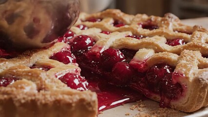 Delicious homemade cherry pie freshly baked with a golden lattice crust steaming hot and oozing with sweet juicy red cherries a perfect dessert for any occasion. - Powered by Adobe