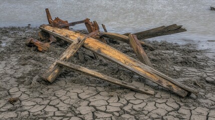 A broken wooden plough with rusted metal parts lies abandoned on cracked dry ground near water representing agricultural wreckage and decay