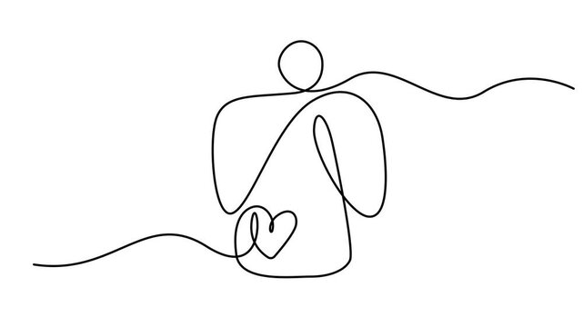 Simple vector Christmas angel with heart, continuous one line drawing animation, print for clothes and logo design video, Full length line animation. 4K video