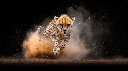 Cheetah in mid-leap, kicking up a cloud of dust, against a dark background.
