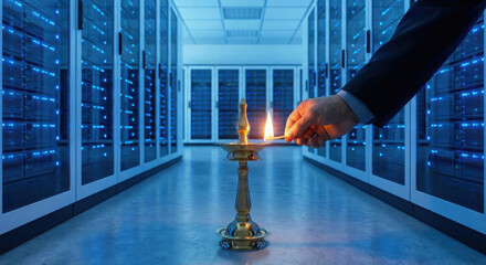 Lighting traditional brass oil lamp pahana in modern server room. bringing tradition to new ventures concept.