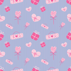 Heart, gift box, tag, and candy seamless pattern on a striped blue background. Valentine concept. For the card, fabric, and wrapping paper.