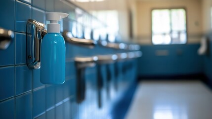 A bright blue liquid hand sanitizer dispenser is mounted on a tiled wall in a public restroom with sinks in the background