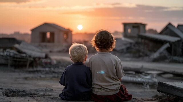 Two young children sitting on dusty ground together watching a vibrant sunset over a ruine