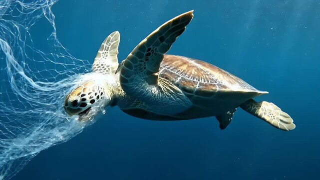 Sea turtle entangled in a fishing net, struggling to swim in the ocean.