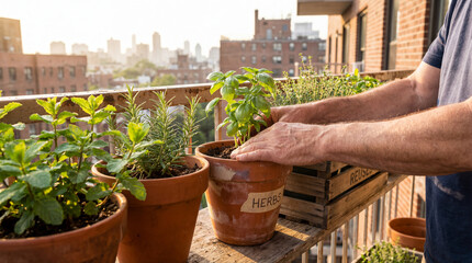 Man planting herbs on balcony garden, close up of hands potting basil plant, urban gardening concept