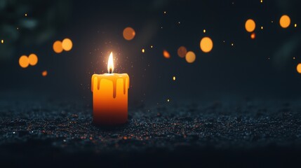 A single candle with a flickering flame illuminates a dark, grainy surface.