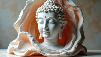 White Buddha head sculpture rests inside abstract soft orange wave form. Serene face with closed eyes evokes peace, spiritual calm. Artwork combines sculpture, abstract design elements. Peaceful