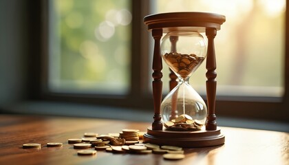 Hourglass filled with coins sits on a wooden table. Money flows from top bulb to bottom. Scattered coins represent financial changes over time, illustrating wealth progression and resource management.