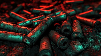 A close up shot of a pile of discolored and brittle spent ammunition cartridges under dramatic red and green lighting