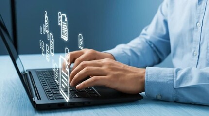 Hands typing on laptop keyboard with glowing digital document and security icons, symbolizing data management, cloud computing, and cybersecurity i... - Powered by Adobe