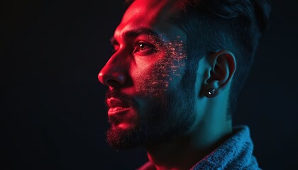 Man with digital overlay on face. Red and blue lights. Futuristic tech concept. Cyberpunk style portrait. Future science ideas. AI connection.