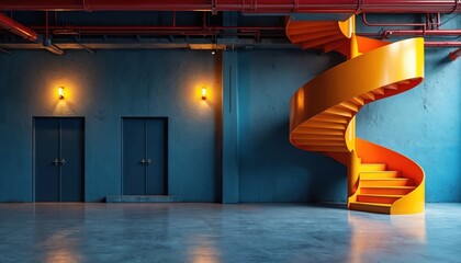 Orange spiral staircase ascends against blue industrial wall. Two dark doors are nearby. Red pipes run along ceiling. Polished concrete floor reflects interior light. Modern architecture and design.