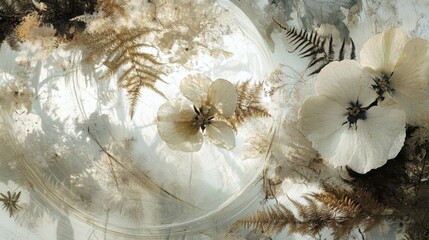 A collection of delicate dried wildflowers and ferns artfully arranged and pressed for a natural botanical display