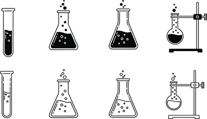 Vector icon set of chemistry laboratory glassware including test tubes and flasks with bubbles in black silhouette and outline styles. © Atika