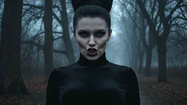 Elegant Thin Vampire Woman with High Updo Walking on Foggy Autumn Avenue Approaching Camera and Revealing Fangs