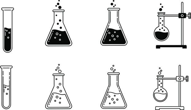 Vector icon set of chemistry laboratory glassware including test tubes and flasks with bubbles in black silhouette and outline styles.