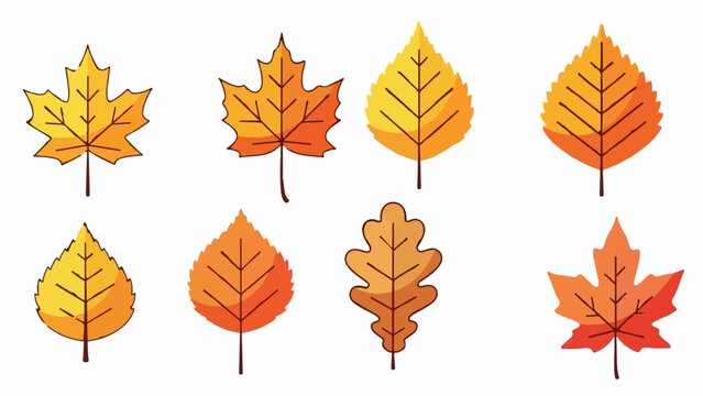 Eight autumn leaves in warm colors, stylized with dark outlines