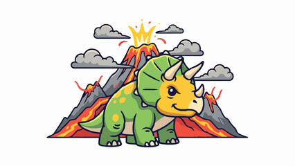 Naklejka premium Cute triceratops dinosaur near a vibrant, erupting volcano with clouds