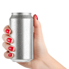 Female hand holding blank silver aluminum can isolated on transparent background. Beverage packaging mockup for branding, advertising, and product design.