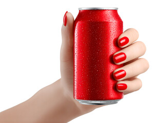 Female hand holding blank red aluminum can isolated on transparent background. Beverage packaging mockup for branding, advertising, and product design.