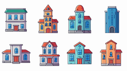 Fototapeta premium Eight stylized, colorful buildings in a variety of shapes and sizes, each depicted with simplified, flat design elements