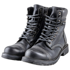 Pair of black leather boots isolated on transparent background. Rugged footwear, fashion, outdoor, or workwear concept.