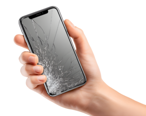Hand holding broken smartphone with a cracked and shattered screen, isolated on transparent background.