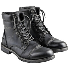 Pair of black leather boots isolated on transparent background. Rugged footwear, fashion, outdoor, or workwear concept.