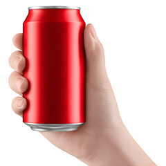 Hand holding a blank red aluminum soda can, mockup for beverage packaging isolated on transparent background.