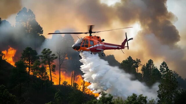 Emergency orange helicopter douses a massive forest wildfire with water at dramatic sunset