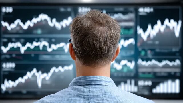 A focus on a man analyzing stock market trends on multiple screens, showcasing the intricate data visualization that drives investment decisions in modern finance.