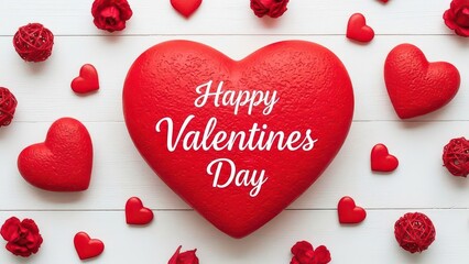 A large red heart with happy valentines day text surrounded by smaller hearts and decorations