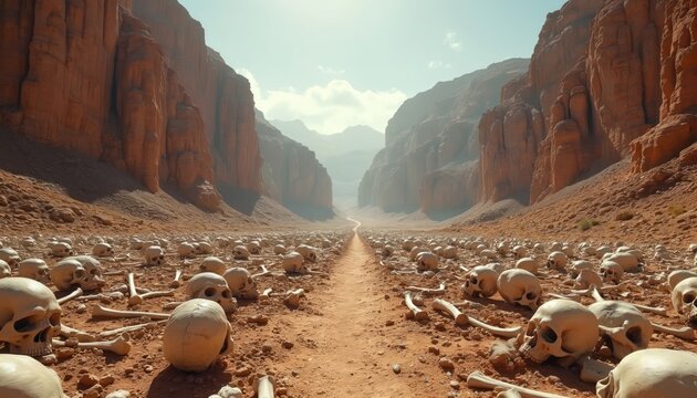 Wide valley floor scattered with countless human skulls and bones. A sandy path leads through arid, rocky canyon walls toward distant mountains under a bright sky.