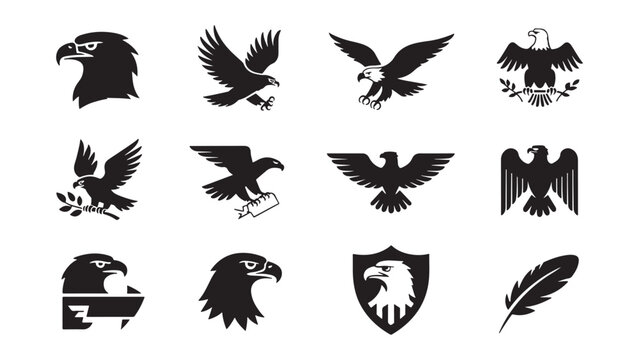 Collection of black eagle vector silhouettes and emblems featuring bald eagle heads, flying birds, falcon shapes, and heraldic symbols for American logos, mascots, and patriotic tattoo designs.