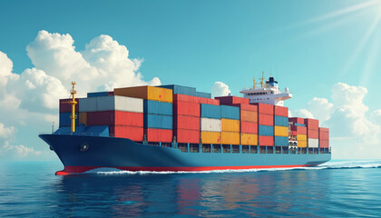 Large cargo ship sails across blue ocean under bright sun and clouds. Vessel carries many stacked colorful shipping containers, delivering goods worldwide.